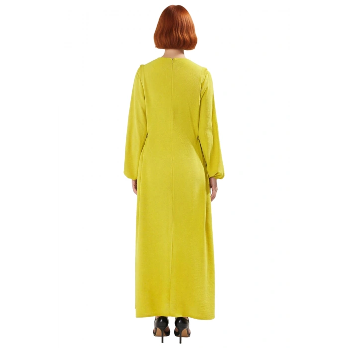 Kadın Shift Kalıp Maxi Boy Balon Kol Bağcıklı Aerobin Dokuma Bisiklet Yaka Elbise Günlük Şıklık