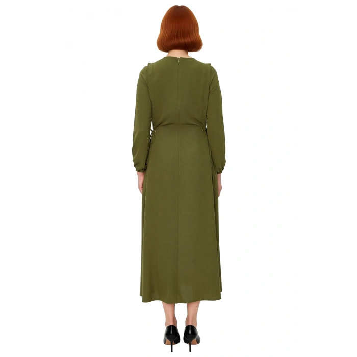 Kadın Shift Kalıp Maxi Boy Balon Kol Bağcıklı Aerobin Dokuma Bisiklet Yaka Elbise Günlük Şıklık