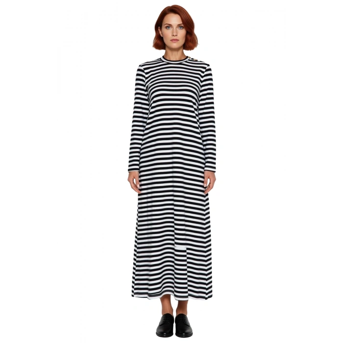 Kadın Shift Kalıp Maxi Boy Uzun Kol Çizgili Örme Düğme Detaylı Dik Yaka Elbise Günlük Şıklık