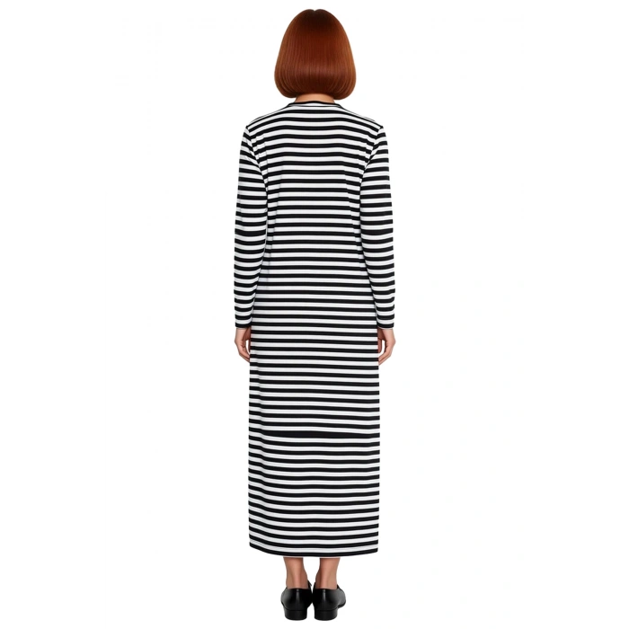 Kadın Shift Kalıp Maxi Boy Uzun Kol Çizgili Örme Düğme Detaylı Dik Yaka Elbise Günlük Şıklık