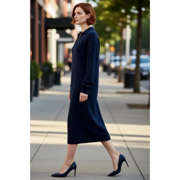 Kadın Shift Kalıp Midi Boy Polo Yaka Triko Elbise Günlük Rahat Uzun Düşük Kollu Kışlık Şık Tasarım