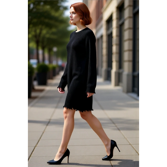 Kadın Shift Kalıp Mini Boy Akıtma Detaylı Triko Elbise Rahat Bisiklet Yaka Uzun Reglan Kol Kışlık