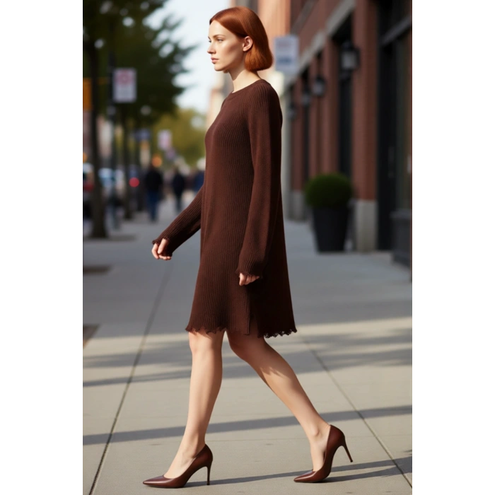 Kadın Shift Kalıp Mini Boy Akıtma Detaylı Triko Elbise Rahat Bisiklet Yaka Uzun Reglan Kol Kışlık