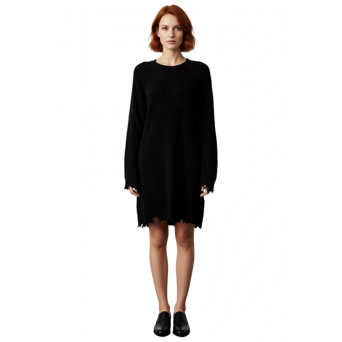 Kadın Shift Kalıp Mini Boy Akıtma Detaylı Triko Elbise Rahat Bisiklet Yaka Uzun Reglan Kol Kışlık