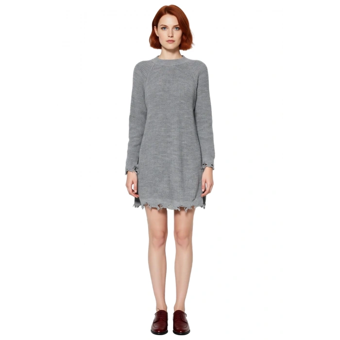 Kadın Shift Kalıp Mini Boy Akıtma Detaylı Triko Elbise Rahat Bisiklet Yaka Uzun Reglan Kol Kışlık