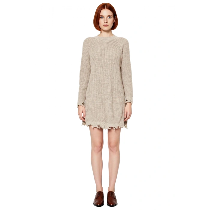 Kadın Shift Kalıp Mini Boy Akıtma Detaylı Triko Elbise Rahat Bisiklet Yaka Uzun Reglan Kol Kışlık