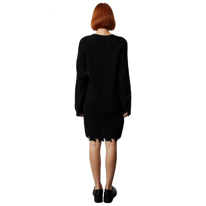 Kadın Shift Kalıp Mini Boy Akıtma Detaylı Triko Elbise Rahat Bisiklet Yaka Uzun Reglan Kol Kışlık