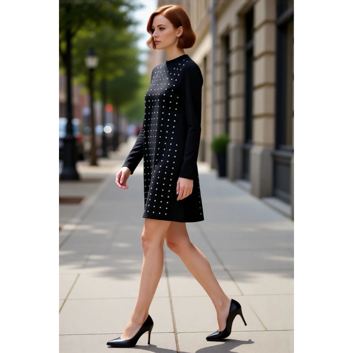 Kadın Shift Kalıp Uzun Kollu Parıltılı Detaylı Bisiklet Yaka Örme Mini Elbise Gündüz Gece Şıklığı