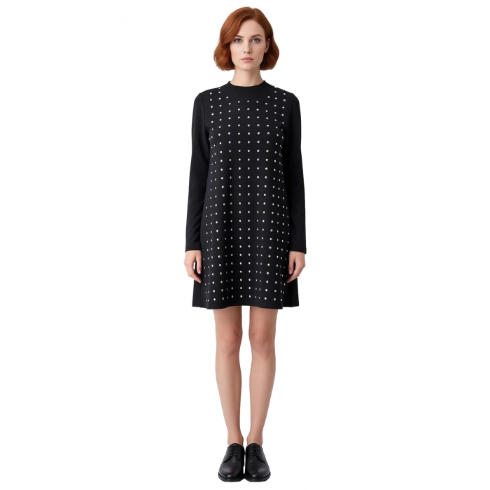 Kadın Shift Kalıp Uzun Kollu Taş Detaylı Bisiklet Yaka Örme Mini Elbise Şık Kışlık Kombinler İçin