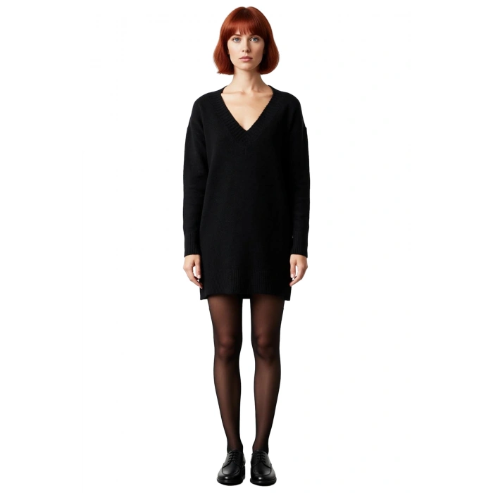 Kadın Shift Kalıp V Yaka Düşük Kollu Triko Kazak Elbise Günlük Şık Konforlu Kombinler İçin İdeal