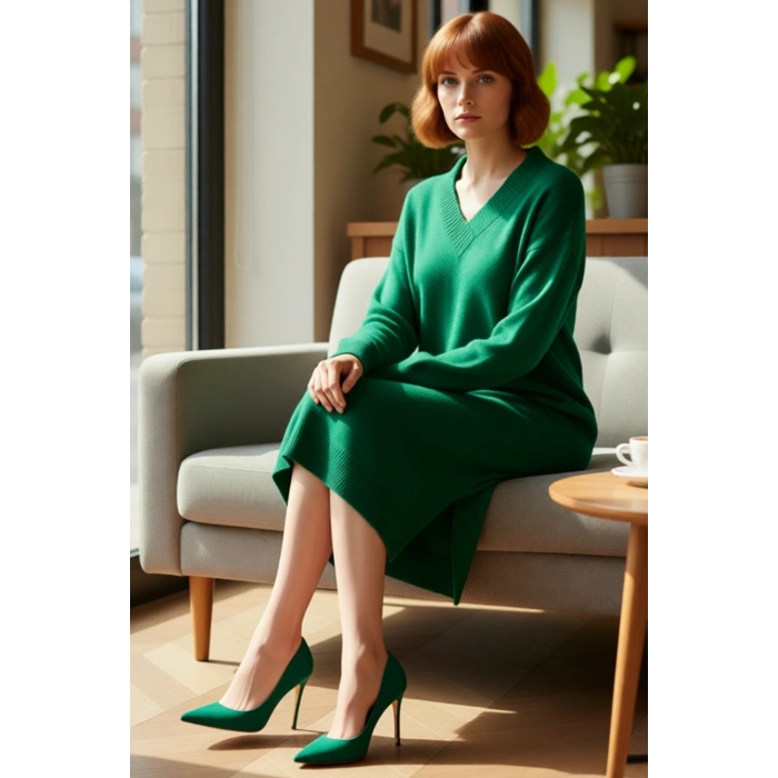 Kadın Shift Kalıp V Yaka Düşük Kollu Yırtmaç Detaylı Midi Boy Triko Elbise Günlük Şıklık İçin İdeal