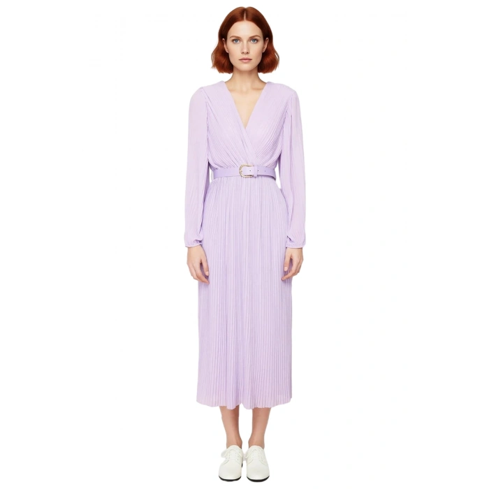 Kadın Şifon Dokuma Kemerli Astarlı Piliseli Kruvaze Yaka Maxi Elbise Özel Davetler İçin İdeal