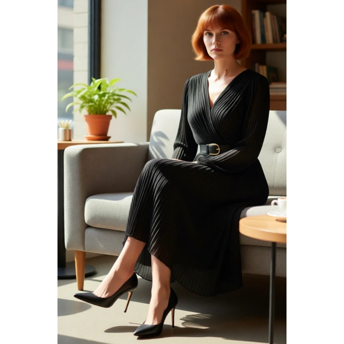 Kadın Şifon Dokuma Kemerli Astarlı Piliseli Kruvaze Yaka Maxi Elbise Özel Davetler İçin İdeal