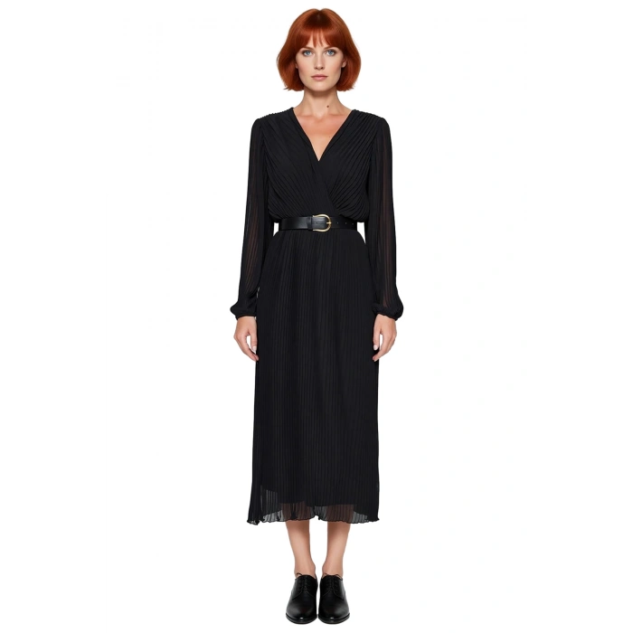 Kadın Şifon Dokuma Kemerli Astarlı Piliseli Kruvaze Yaka Maxi Elbise Özel Davetler İçin İdeal