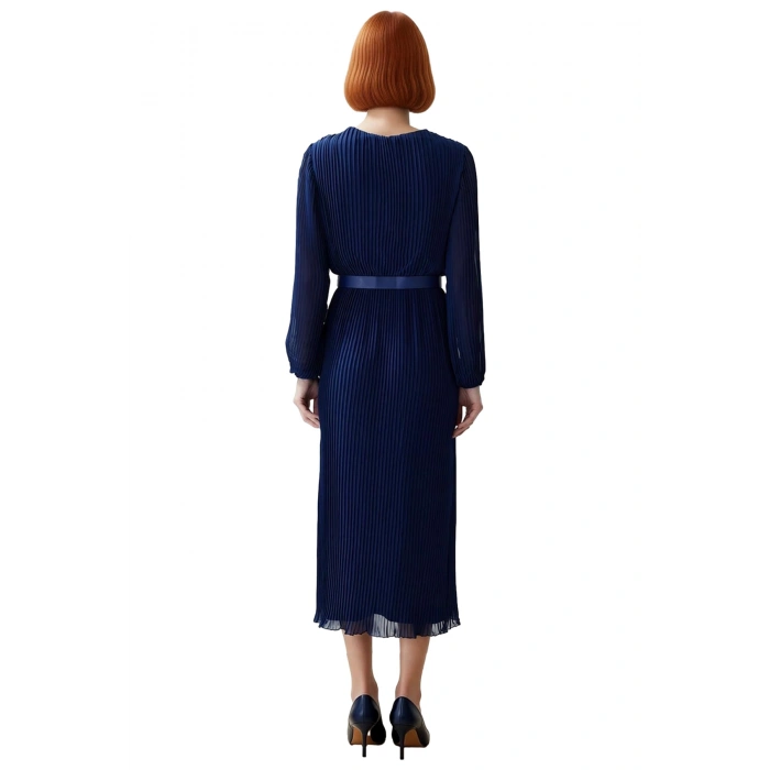 Kadın Şifon Dokuma Kemerli Astarlı Piliseli Kruvaze Yaka Maxi Elbise Özel Davetler İçin İdeal