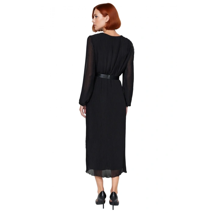 Kadın Şifon Dokuma Kemerli Astarlı Piliseli Kruvaze Yaka Maxi Elbise Özel Davetler İçin İdeal