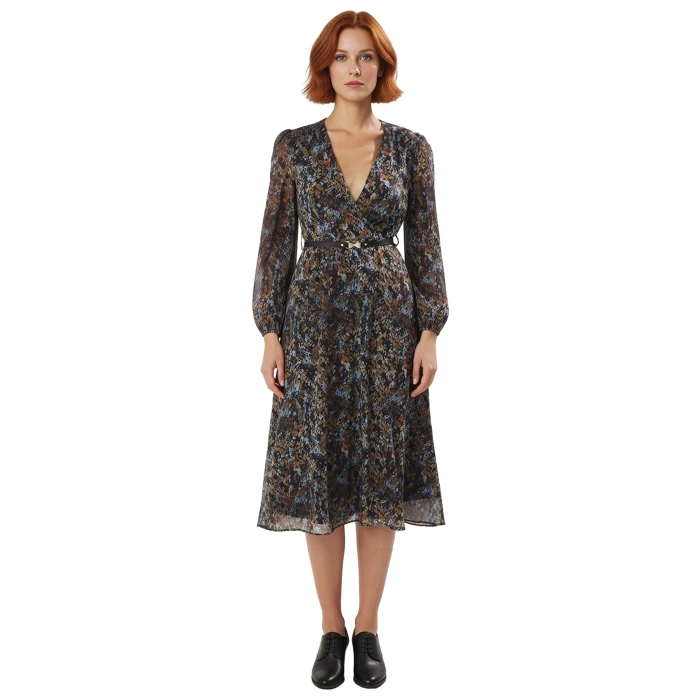 Kadın Şifon Kruvaze Yaka Elbise Soyut Desenli Kemer Detaylı Uzun Balon Kol Midi Boy Skater