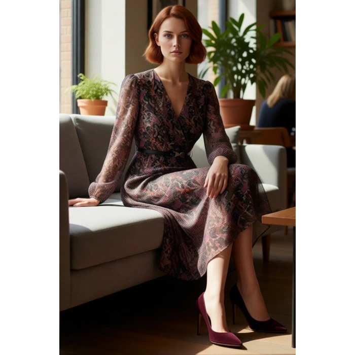 Kadın Şifon Kruvaze Yaka Elbise Soyut Desenli Kemer Detaylı Uzun Balon Kol Midi Boy Skater