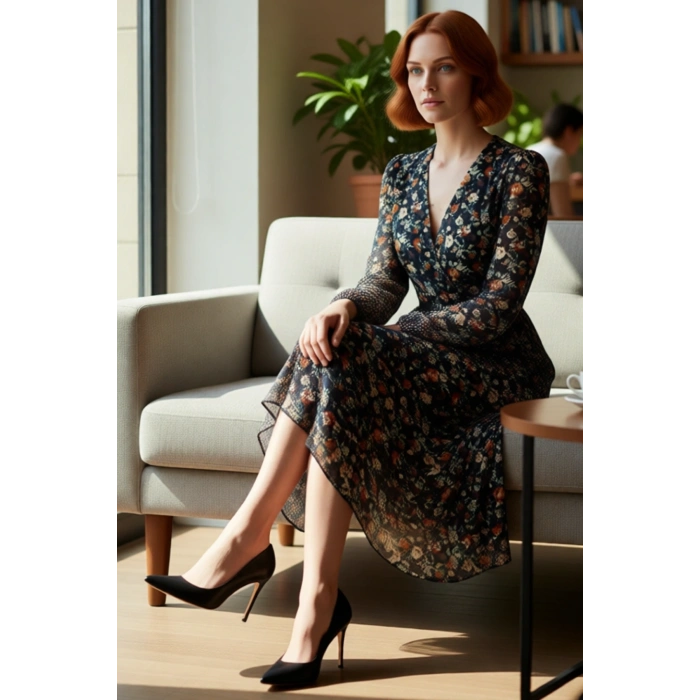 Kadın Şifon Kruvaze Yaka Elbise Soyut Desenli Kemer Detaylı Uzun Balon Kol Midi Boy Skater