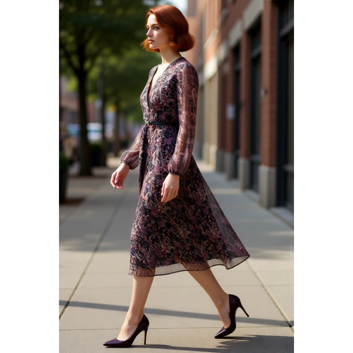 Kadın Şifon Kruvaze Yaka Elbise Soyut Desenli Kemer Detaylı Uzun Balon Kol Midi Boy Skater