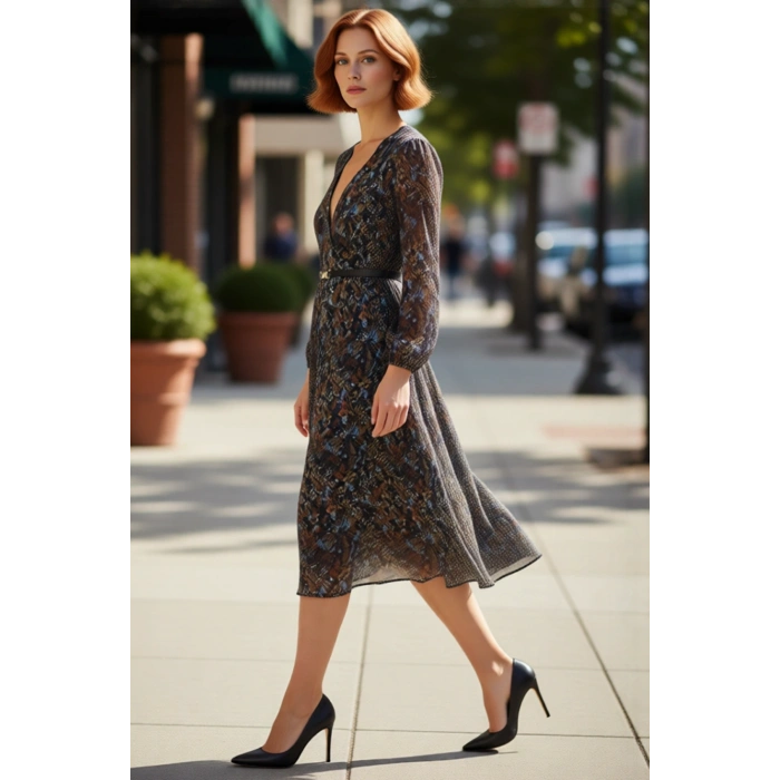 Kadın Şifon Kruvaze Yaka Elbise Soyut Desenli Kemer Detaylı Uzun Balon Kol Midi Boy Skater