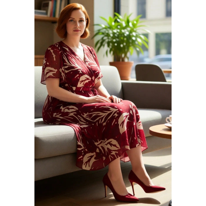 Kadın Şifon Kumaş Melek Kol V Yaka Çiçek Desenli A line Kruvaze Maxi Elbise İlkbahar Yaz Kaliteli