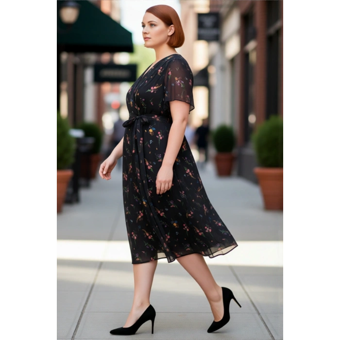 Kadın Şifon Kumaş Melek Kol V Yaka Çiçek Desenli A line Kruvaze Maxi Elbise İlkbahar Yaz Kaliteli