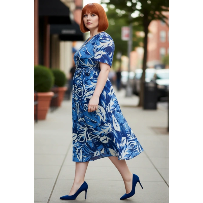 Kadın Şifon Kumaş Melek Kol V Yaka Çiçek Desenli A line Kruvaze Maxi Elbise İlkbahar Yaz Kaliteli