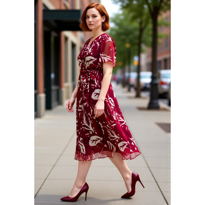 Kadın Şifon Kumaş Melek Kol V Yaka Çiçek Desenli A line Kruvaze Maxi Elbise İlkbahar Yaz Kaliteli