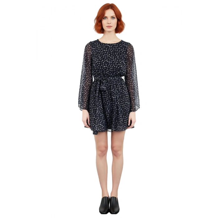 Kadın Şifon Patchwork Mini Elbise İlkbahar Sonbahar Modası Bisiklet Yaka Skater Kalıp Uzun Kollu