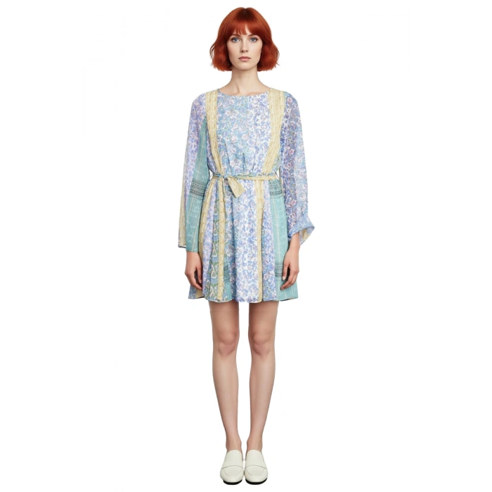 Kadın Şifon Patchwork Mini Elbise İlkbahar Sonbahar Modası Bisiklet Yaka Skater Kalıp Uzun Kollu