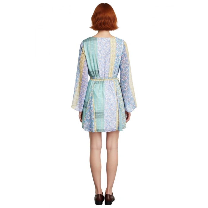 Kadın Şifon Patchwork Mini Elbise İlkbahar Sonbahar Modası Bisiklet Yaka Skater Kalıp Uzun Kollu