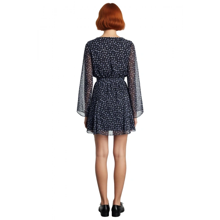 Kadın Şifon Patchwork Mini Elbise İlkbahar Sonbahar Modası Bisiklet Yaka Skater Kalıp Uzun Kollu