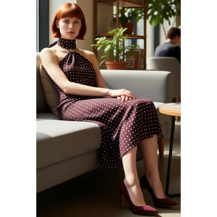 Kadın Şifon Puantiyeli A Kesim Astarlı Kolsuz Midi Elbise Şık Ve Zarif Gece Kombinleri İçin