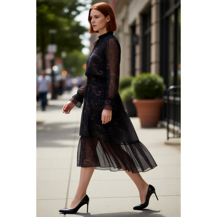 Kadın Şifon Skater Midi Elbise Şal Desenli Boyundan Bağlamalı Uzun Kollu Dokuma Şıklığı Kaliteli