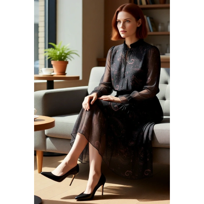 Kadın Şifon Skater Midi Elbise Şal Desenli Boyundan Bağlamalı Uzun Kollu Dokuma Şıklığı Kaliteli