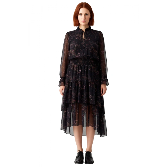 Kadın Şifon Skater Midi Elbise Şal Desenli Boyundan Bağlamalı Uzun Kollu Dokuma Şıklığı Kaliteli