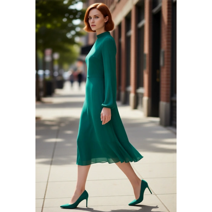 Kadın Şık A Kesim Uzun Balon Kollu Dik Yaka Midi Boy Şifon Dokuma Astarlı Düz Elbise Kaliteli