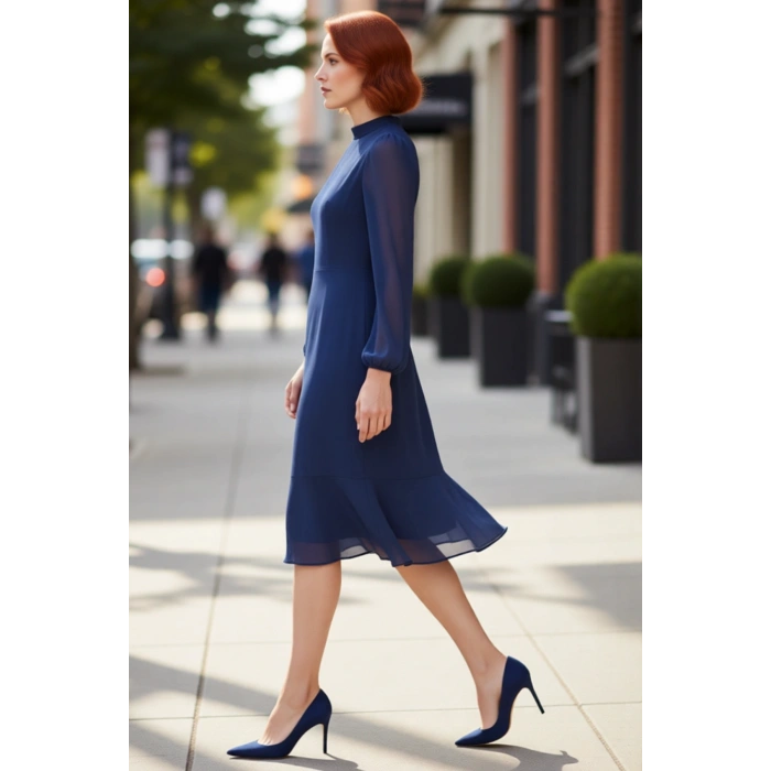 Kadın Şık A Kesim Uzun Balon Kollu Dik Yaka Midi Boy Şifon Dokuma Astarlı Düz Elbise Kaliteli