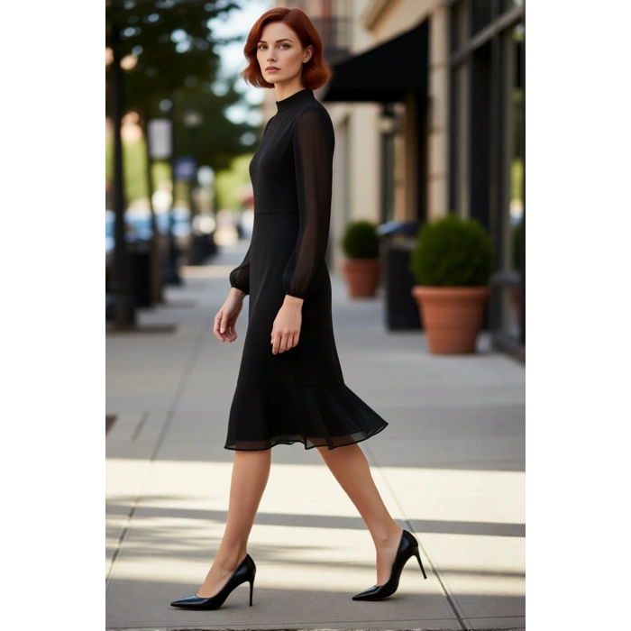 Kadın Şık A Kesim Uzun Balon Kollu Dik Yaka Midi Boy Şifon Dokuma Astarlı Düz Elbise Kaliteli