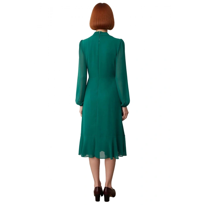 Kadın Şık A Kesim Uzun Balon Kollu Dik Yaka Midi Boy Şifon Dokuma Astarlı Düz Elbise Kaliteli