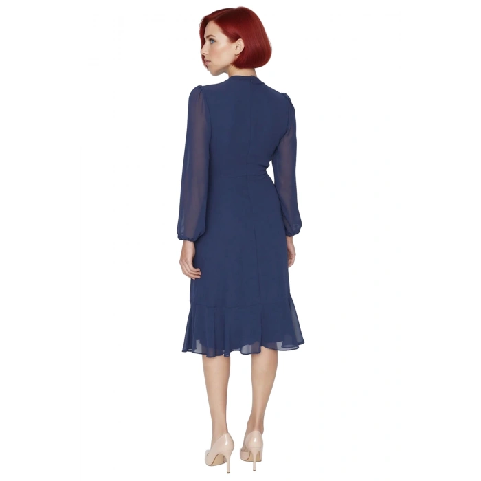 Kadın Şık A Kesim Uzun Balon Kollu Dik Yaka Midi Boy Şifon Dokuma Astarlı Düz Elbise Kaliteli