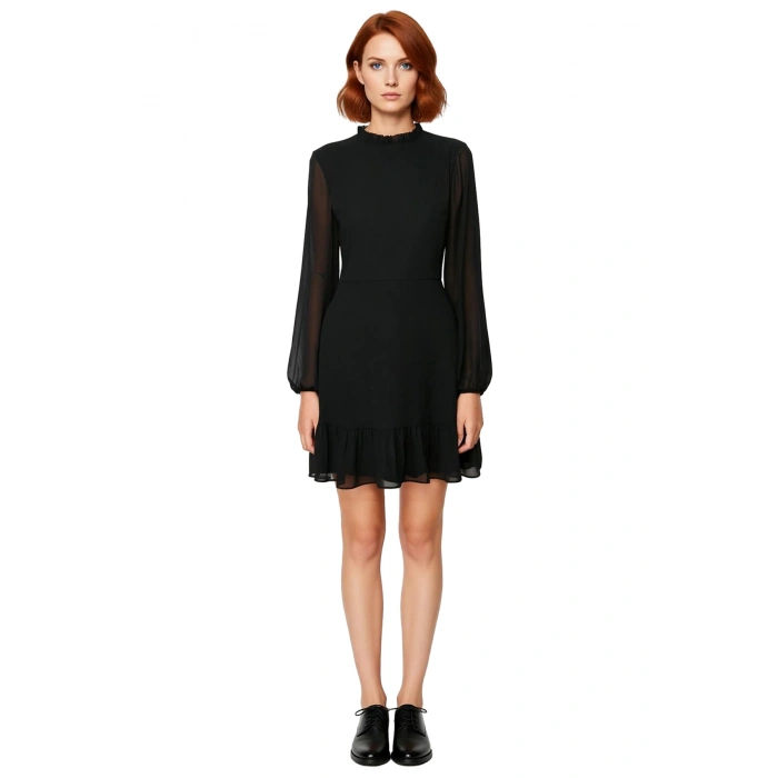 Kadın Şık A Kesim Uzun Kollu Dik Yaka Fırfırlı Astarlı Mini Elbise Özel Günler İçin İdeal Kaliteli