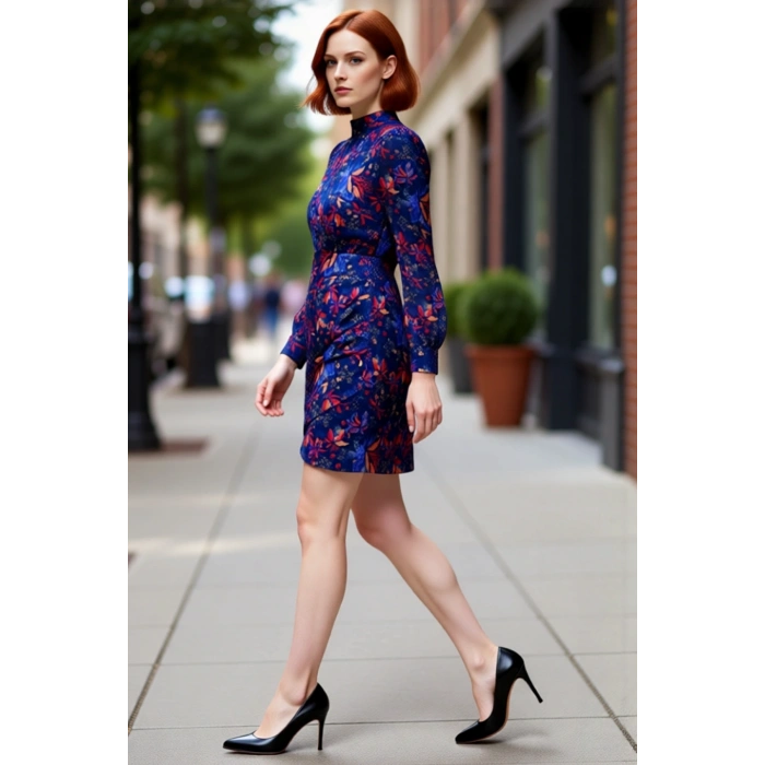 Kadın Şık A Line Kesim Mavi Çiçek Desenli Şifon Dik Yaka Balon Kol Kışlık Mini Elbise Zarif Görünüm