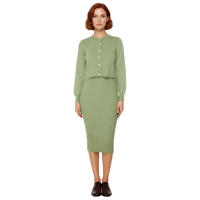 Kadın Şık Akrilik Bisiklet Yaka Uzun Kol Bodycon Midi Triko Elbise Hırka Seti Günlük Kaliteli