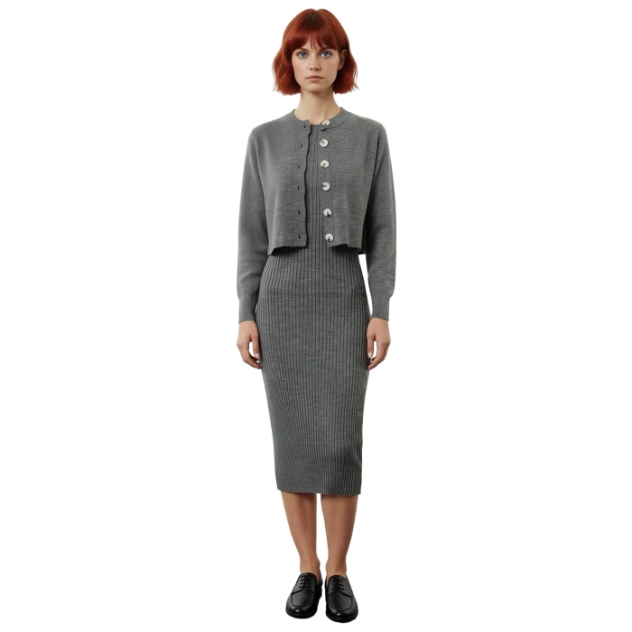 Kadın Şık Akrilik Bisiklet Yaka Uzun Kol Bodycon Midi Triko Elbise Hırka Seti Günlük Kaliteli