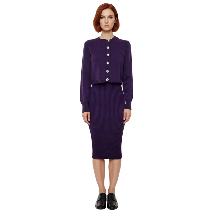 Kadın Şık Akrilik Bisiklet Yaka Uzun Kol Bodycon Midi Triko Elbise Hırka Seti Günlük Kaliteli