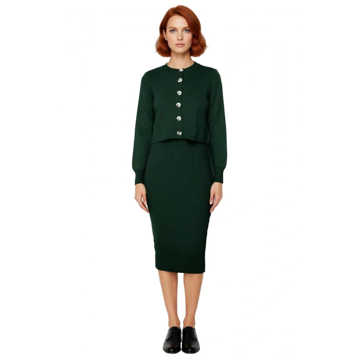 Kadın Şık Akrilik Bisiklet Yaka Uzun Kol Bodycon Midi Triko Elbise Hırka Seti Günlük Kaliteli