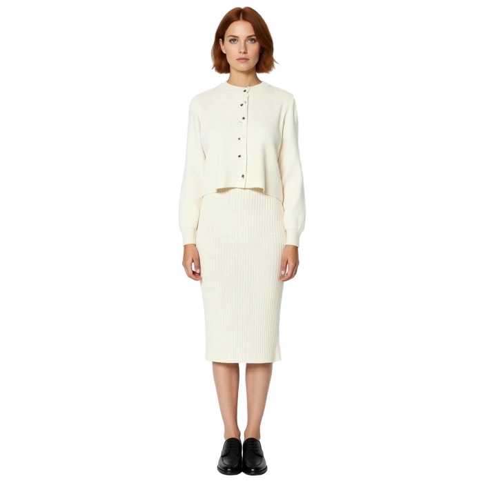 Kadın Şık Akrilik Bisiklet Yaka Uzun Kol Bodycon Midi Triko Elbise Hırka Seti Günlük Kaliteli