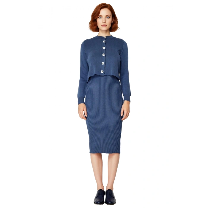 Kadın Şık Akrilik Bisiklet Yaka Uzun Kol Bodycon Midi Triko Elbise Hırka Seti Günlük Kaliteli